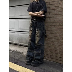 Washed Vintage American Street Style Jeans Loose Straight Leg High Street Vibe Long Trousers