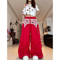 Red Baggy Parachute Pants Oversize Cargo Pants Harajuku Japanese Y2k Gyaru Vintage Trousers Clothes