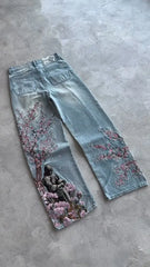 Vintage Cherry Blossom Black Knight Embroidery Jeans Y2k Retro Baggy Straight Denim Pants Blue Wash Jean Clothing Streetwear