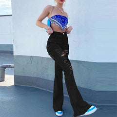 High Waist Black Flare Jeans Lady Bell Bottom Ripped Denim Pants Streetwear Distressed Classic Full Length Long Trouser