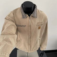 Retro ort Padded oulder Workwear Jaet Sli Cleanfit Zipper Denim Collar Trendy Casual Outerwear