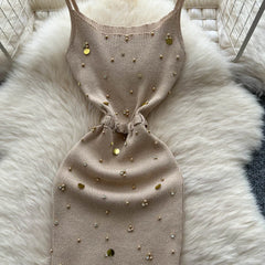 Knitting Split Long Dress Sleeveless Sequins Diamonds With Sashes Skinny Sundress Dress