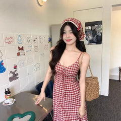 Red Plaid Off-Shoulder Dress Slim Fit Waist-Cinching Long Skirt V-neck Midi Dress Polyester Fiber Sleeveless