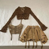 Y2k American Girl Three Piece Skirt Suit Lace Maillard Color High Street Design Cardigan Suspender Versatile