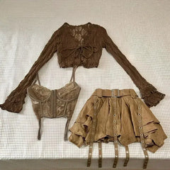 Y2k American Girl Three Piece Skirt Suit Lace Maillard Color High Street Design Cardigan Suspender Versatile