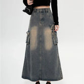 Y2k High Waist Denim Ankle Length Cargo Skirts Girls Robe Cool Wrap Dress Retro Blue A Line Long Jeans Skirts