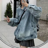 American Style Vintage Denim Sweatshirt Jacket Loose Fit Hooded Pullover Sweatshirt Trendy Arrival