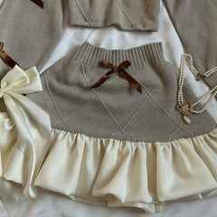 Trend Y2k Knitted Splicing Two Piece Set Bow Long Sleeve Knitted Slimming Top Mini Pleated Skirt Set