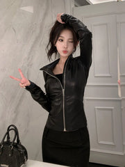 Black Slim Long Sleeve Girl Leather Jacket Darkly Gothic Zipper Thin Skinny Coat Hepburn Y2k Vintage Clothes