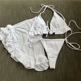 White Mesh Cover Up Swimwear String Halter 3 Piece Bikini Set Micro Thong Swimsuit Beachwear Ruffled Triangle Bikinis Mujer