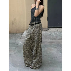 Y2k Washed Leopard Jeans Animal Print American Vintage Wide Leg Denim Pants Baggy Streetwear Gyaru Trousers