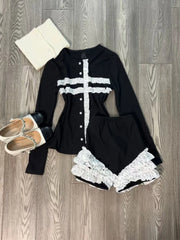 Gothic Vintage Subculture Black Slim 2-piece Set Girl Hepburn Patchwork Thin Y2k Suit