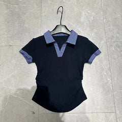 Constrast Color Plaid Turn Down Collar Slim Waist T Shirts All Match Korean High Street Loose Shorts Y2k 2 Piece Sets