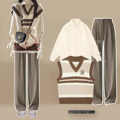 Preppy Style Knit Vest Bandage Shirts Wide Leg Pants Three Piece Set Lady Patchwork Tank Sweater Jeans Suits