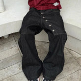 Korean High Street Buckle Curved Jeans Loose Straight Leg Pants Black Wide Leg Pants Casual Pants Hip-Hop Pants