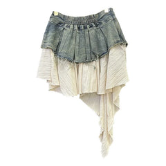 Retro Spliced Denim Pleated Skirt