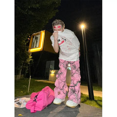 American Stylevintage Multi-layered Casual Pants Loose-fit Straight-leg Printed Cargo Pants