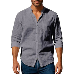 Chemise en coton et lin pour hommes, col Henley, couleur unie, légère, respirante, coupe cintrée, simple boutonnage, manches longues, boutonnée
