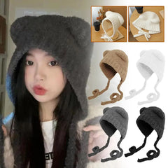 Plush Beanies Cute Bear Ear Wool Hat Warm Lace-up Gorros Knitting Cap Bonnets Protection Bomber Korea Ear Knit X4L2