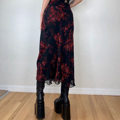 Combhasaki Y2K Retro Vintage Floral Printed High Waist Ruffled Elegant Elastic Waist Long Skirts Street Style Bottoms
