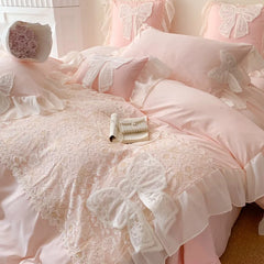 Three-dimensional Embroidery Lace Washed Cotton Quilt Cover Chiffon Soft /Breathable Bed Sheet Bedding Four Piece Set