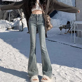 High Waist Vintage Flare Jeans Gothic Elastic Bell Bottom Pants Lady Streetwear Blue Black Grey Denim Trousers