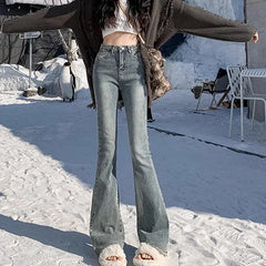 High Waist Vintage Flare Jeans Gothic Elastic Bell Bottom Pants Lady Streetwear Blue Black Grey Denim Trousers