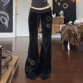 Velvet Pants Goth Dark Y2K Star Diamond Slim Flared Pants Retro Streetwear Low Waist Bellbottom Pants