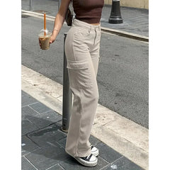 Straight Leg Jeans Casual High Waist Street Style Pocket Workwear Loose Long Trousers Pants