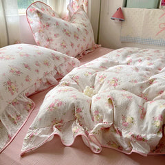 Ruffles Bedding Set Floral Style Duvet Cover Pillowcase with Bedsheet Skin-friendly Bed Linen Set Girls Room Bedclothes