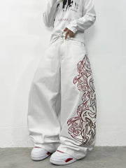 Unisex White Red Tribal Flame Print Loose Wide Leg Jeans Y2K Grunge Streetwear Oversized Denim Pants