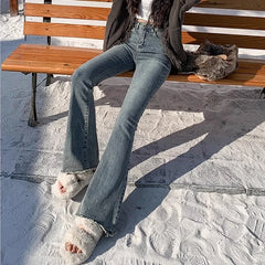 High Waist Vintage Flare Jeans Gothic Elastic Bell Bottom Pants Lady Streetwear Blue Black Grey Denim Trousers
