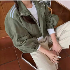 Loose Stand Collar Striped Design Two Bars Korean Chic Jacket Versatile Outerwear Full Sleeve Korean Style