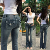 Gothic Buddha Head Jeans Y2K Clothes Hip Hop Pocket Embroidery Vintage Blue Baggy Jeans Low Waist Wide Leg Trousers
