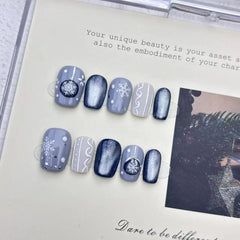 10pcs Handmade Press on Nails Christmas Frozen Blue Cat-Eye Full Coverage Nail Tips