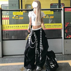 Y2K Black Cargo Pants Streetwear Plaid Patchwork Baggy Sweatpants Harajuku Wide Leg Joggers Korean Casual Trousers