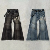 Y2K American retro embroidery pattern horn -shaped jeans street Gothic slim mop pants jeans