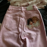 Y2K Light Pink Baggy Straight Leg Jeans Clothing Harajuku Classic Angel Graphic Printed Trousers Gothic High Waist Pants