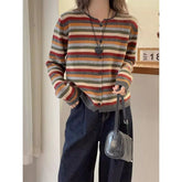 Round Neck Long Sleeve Color Striped Knitted Cardigan
