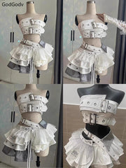 Vintage Elegant Y2K 2 Piece Sets Punk Gothic Strapless Crop Tops +High Waist Ruffle Skirt Party Outfits