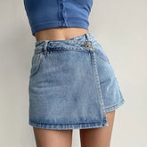 Elegant Slimming High-waisted A- line Denim Shorts Light Color Two-piece Illusion Design Slim Fit