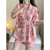 Nightwear Loungewear Kimono Pajamas Student Short Sleeves Shorts Peach Print Tops