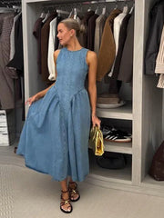 Trendy Denim Dresses Backless Sleevess Long O-Neck Dress Vintage Washed Blue Casual Daily Beach Streetwear