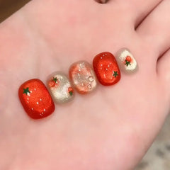 10pcs Festive Red Oval Short Press-On Nails with Cute Tomato Design Glossy Finish Holiday Nail Art Set
