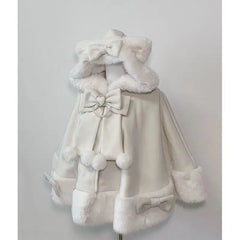 Lolita Shawl Overcoat Design Bow Hooded Patchwork Kawaii Cope Coat Warm Chic Sweet Christmas Coat