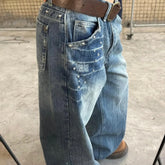 Retro American Rivet Low Waist Straight Leg Denim Jeans Spicy Girl High Street Unique Design Couple Vintage Style Long Trousers