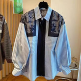 Korean Print Spliced Striped Long-Sleeved Shirt Loose Casual All-match Lapel Blouse Lady Tops
