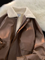 Y2K Lapel Leather Coat Cotton-padded Jacket Coat High Street Vibe Vintage Casual Pilot Jacket Cotton-padded Jacket