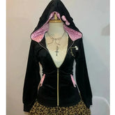 Streetwear Y2K Pullover Hoodie Retro Harajuku Pink Leopard Print Patchwork Sweatshirt Trend Sportswear Hoodie Top