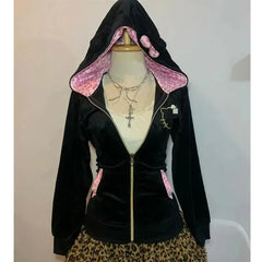 Streetwear Y2K Pullover Hoodie Retro Harajuku Pink Leopard Print Patchwork Sweatshirt Trend Sportswear Hoodie Top